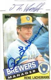 RENE LACHEMANN (1945) American professional baseball coach, catcher and manager. He spent 53 years in Major League Baseball (MLB), including service as the manager of the Seattle Mariners (1981–83), Milwaukee Brewers (1984), and the Florida Marlins (1993–96)