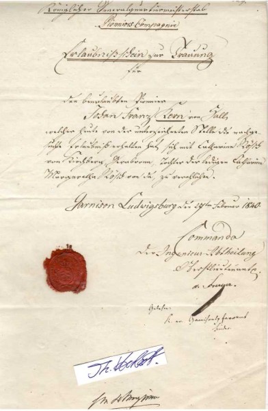 VON SENGER ? Kommandant der Ingenieur-Abtheilung der Garnison Ludwigsburg und Oberstlieutnant