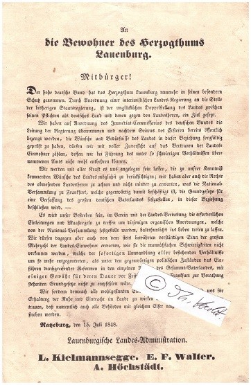 ORIGINAL-AUSHANGBLATT (1 S. 4°, 2 Ecken leichte Knickspuren) AN DIE BEWOHNER DES HERZOGTHUMS LAUENBURG 1848