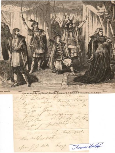 SALOMON HERMANN MOSENTHAL (1821–1877) deutscher Dramatiker und Librettist, Künstlergesellschaft Konkordia in Wien. Er widmete sich nun dem Dichten von Operntexten (Libretti) und wurde zum beliebtesten Librettisten Deutschlands. Am bekanntesten sind Die lustigen Weiber von Windsor (Musik von Otto Nicolai), Judith (Franz Doppler), Folkunger (Edmund Kretschmar), Makkabäer (Anton Rubinstein), Königin von Saba (Karl Goldmark) und Das goldene Kreuz (Ignaz Brüll).