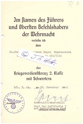 HUGO SPERRLE (1885-1953) deutscher Generalfeldmarschall der Luftwaffe im Zweiten Weltkrieg, schon im Ersten Weltkrieges Kommandeur der Flieger der 7. Armee, im Zweiten Weltkrieg OB der Luftflotte 3, Ritterkreuz des Eisernen Kreuzes