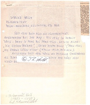 GOTTLIEB HESCH (Bohumil Hes, 1889-1970) tschechoslowakischer Filmarchitekt beim deutschen und tschechischen Film