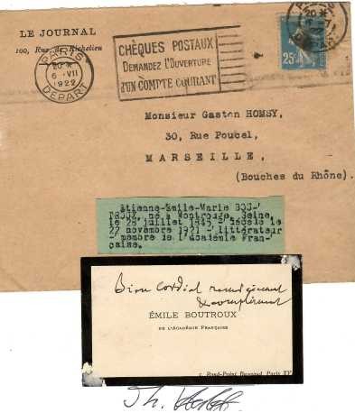 EMILE BOUTROUX (1845-1921) Professor Dr., französischer Philosoph des 19. Jahrhunderts und entschiedener Gegner des reinen Materialismus in den Wissenschaften. Sein Anliegen war die Vereinbarkeit von Religion und Wissenschaft. Direktor der Fondation Thiers 1902. Mitglied der Académie française im Jahr 1912.