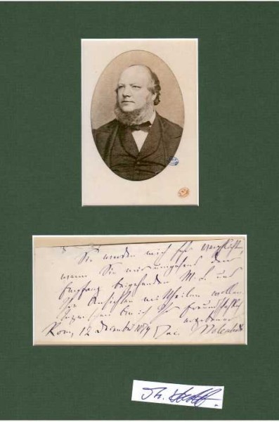 JAKOB MOLESCHOTT (auch Jacob Moleschott, 1822-93) Professor Dr., niederländischer Arzt und Physiologe, neben Veröffentlichungen auf dem Gebiet des Stoffwechsels und der Diätetik leistet er wichtige Beiträge zur Lungenhistologie und Blutphysiologie. Während seiner Lehrtätigkeit in Heidelberg wurde er dort infolge seines Atheismus seines Amtes enthoben.