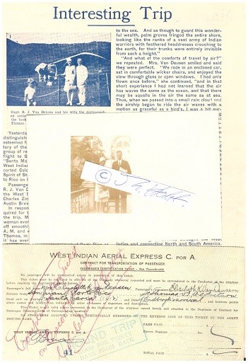 (CHARLES A. LINDBERGH) ELIZABETH KNEIPPLE VAN DEUSEN (Edith Roberts, Daten unbekannt) verheiratet mit Captain R.J. VAN DEUSEN, Secretario Particular del Gobernador San Juan, PORTO RICO, ebenso Luftfahrtpionier Pan American Airways des Airmail Service between Porto Rico and the United States. Edith Elizabeth (Kneipple) Roberts, aka Van Deusen, was an author who had several of her novels made into Hollywood movies. She also wrote about Puerto Rico, a place she traveled to many times and where she married her first husband.