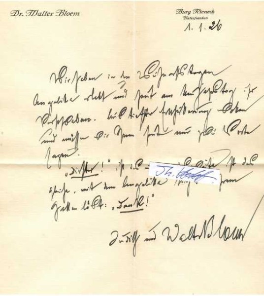 WALTER BLOEM (1868-1951) deutschnationaler Schriftsteller, 1932 Vorsitzender des Schutzverbandes deutscher Schriftsteller, 1933 Ehrenvorsitzender des SDS (später RDS), viele Orden u.a. Roter Adlerorden 4. Klasse (1913) Eisernes Kreuz 2. Klasse (1914) Eisernes Kreuz 1. Klasse (1915) Ritter des Friedrichs-Ordens, Eiserner Halbmond, Königlicher Hausorden von Hohenzollern Albrechts-Orden, Ritterkreuz 1. Klasse mit Schwertern, Goethe-Medaille für Kunst und Wissenschaft (1933 zum 65. Geburtstag durch Reichspräsident v. Hindenburg)
