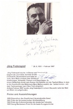 JÜRG FEDERSPIEL (1931-2007 SM ertrunken) schweizer Schriftsteller / swizz writer