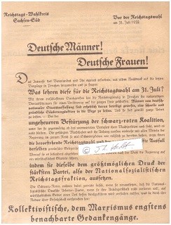 FLUGBLATT REICHTAGSWAHL 1932 - BRUNO DOEHRING (1879-1961) deutscher evangelisch-lutherischer Pfarrer. Als Prediger am Berliner Dom in den Jahren von 1914 bis 1960 wurde er in der evangelischen Kirche Berlins zu einer populären Gestalt. Kirchlich vertrat er eine streng konservative Position. Er zeigte sich bis weit ins Dritte Reich hinein kaisertreu. In der Weimarer Republik war er Mitgründer und Führer der Deutschen Reformationspartei. Von September 1930 bis Juni 1933 saß er für die DNVP im Reichstag. An der Friedrich-Wilhelms-Universität Berlin war er von 1923 bis 1940 Dozent für evangelische Theologie, von 1946 bis 1960 Professor für praktische Theologie.