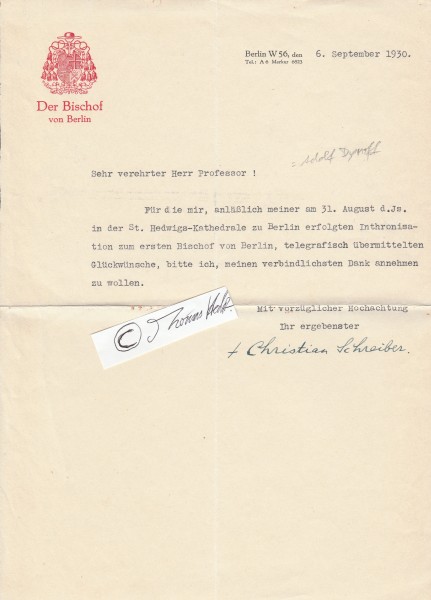 CHRISTIAN SCHREIBER (1872-1931) von 1921 bis 1929 erster Bischof des wiedererrichteten katholischen Bistums Meißen (später Dresden-Meißen) und danach bis zu seinem Tod erster Oberhirte des neuen Bistums Berlin