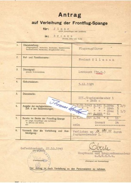 FRIEDRICH EBERLE (? - Jan.1944 abgeschossen, überlebt) deutscher Jagdflieger / Hauptmann und Gruppenkommandeur III./Jagdgeschwader 1 / commanding officer of III. Gruppe of JG 1