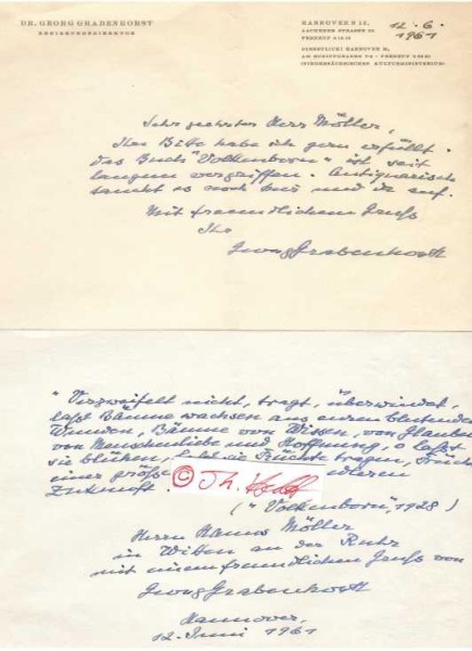 GEORG GRABENHORST (1899-1997) Dr.phil., niedersächsischer Dichter und Schriftsteller. Von 1930 bis 1945 war er Referent für Kultur- und Landespflege in der Verwaltung der Provinz Hannover. Er schrieb u. a. Beiträge für die von Karl August Walther herausgegebene religiös-völkische NS-Monatszeitschrift DER HOCHWART, von 1949 bis 1956 zusammen mit Alma Rogge Schriftleiter der Zeitschrift NIEDERSACHSEN, 1955 Regierungsdirektor im niedersächsischen Kultusministerium / german poet, writer