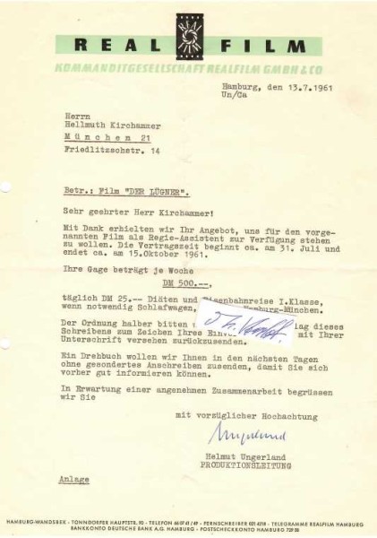 HELMUT UNGERLAND (1905-89) deutscher Produktionsleiter und Filmproduzent / german producer, zunächst Aufnahmeleiter und Regieassistent (bei Erich Engels Kassen- und Publikumserfolg Mädchenjahre einer Königin). Zu seinen späten Filmen zählen der späte Hans-Albers-Stoff Mann im Strom, das Filmklassiker-Remake Mädchen in Uniform sowie die beiden englischsprachigen, internationalen Produktionen Herrin der Welt und Verrat auf Befehl. Seine letzte Arbeit war der Edgar-Wallace-Krimi Die Tür mit den sieben Schlössern.