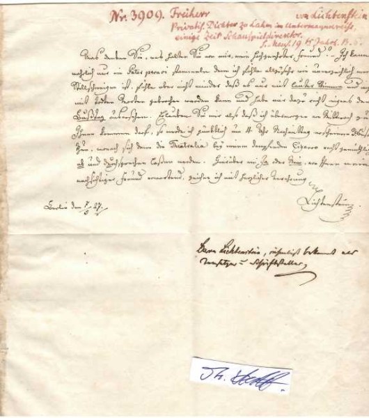 KARL AUGUST VON LICHTENSTEIN (1767-1845) Frieherr, deutscher Opernsänger, Komponist, Librettist, Übersetzer und Intendant. 1798 zum ersten Intendanten der Dessauer Hofoper durch Fürst Leopold III. Friedrich Franz von Anhalt-Dessau berufen. Karl Maria von Weber überredete ihn 1822, die Oper Die Waldburg in Dresden zur Aufführung zu bringen. Anschließend holte ihn Carl von Brühl nach Berlin. Ab 1823 arbeitete Lichtenstein am Berliner Schauspielhaus und ab 1825 an der dortigen Oper als Regisseur. Von Dezember 1826 bis Januar 1827 spielte er in Gera und Coburg.