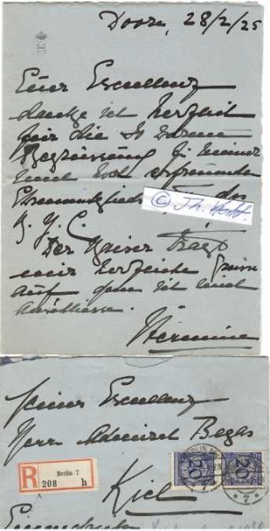 KAISERIN HERMINE VON PREUßEN (Hermine, Prinzessin Reuß ältere Linie (* 17. Dezember 1887 in Greiz; † 7. August 1947 in Frankfurt (Oder)) wurde als verwitwete Hermine von Schoenaich-Carolath die zweite Ehefrau des ehemaligen deutschen Kaisers und preußischen Königs Wilhelm II. in seinem niederländischen Exil. Unter Anhängern der Hohenzollernmonarchie hieß sie Kaiserin Hermine.