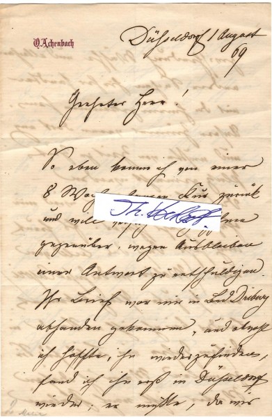 OSWALD ACHENBACH (1827-1905) Professor, deutscher Maler, welcher der Düsseldorfer Malerschule zugerechnet wird. Zu seinen Lebzeiten zählte er zu den bedeutenden Landschaftsmalern Europas und prägte während seiner Lehrtätigkeit die Düsseldorfer Kunstakademie. Sein Bruder war der zwölf Jahre ältere Andreas Achenbach, der gleichfalls zu den bedeutenden deutschen Landschaftsmalern des 19. Jahrhunderts zu rechnen ist. Die beiden Brüder wurden scherzhaft auch das „A und O der Landschaftsmalerei“ genannt.