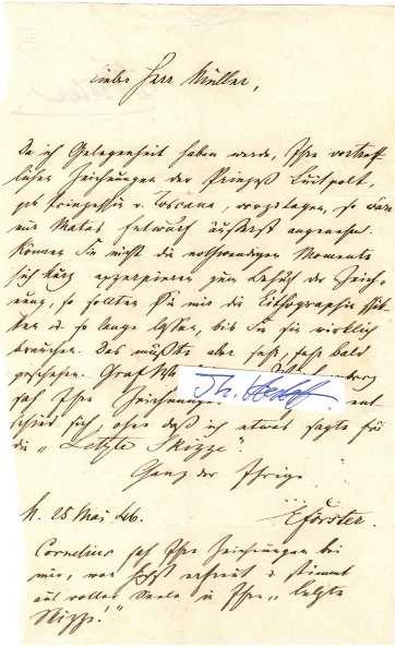 ERNST FÖRSTER (1800-85) Dr., deutscher Maler, promovierter Kunsthistoriker, Kunstschriftsteller und Dichter, Schüler von Wilhelm von Schadow und Peter von Cornelius, 1837 führte die Wiederauffindung und Herausgabe der Wandgemälde der Kapelle St. Giorgio in Padua dazu, dass er mit der Großen Goldenen Medaille für Kunst und Wissenschaft ausgezeichnet wurde. Förster war mit Emma Richter verheiratet, einer Tochter des Dichters Jean Paul.