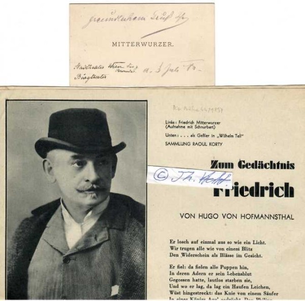 FRIEDRICH MITTERWURZER (1844-97) deutsch-österreichischer Schauspieler. Seit 1867 war er mit der Schauspielerin Wilhelmine Mitterwurzer verheiratet. 1871 an dass k.k. Hof-Burgtheater nach Wien verpflichtet, Regisseur am Wiener Stadttheater und Direktor am Carltheater.