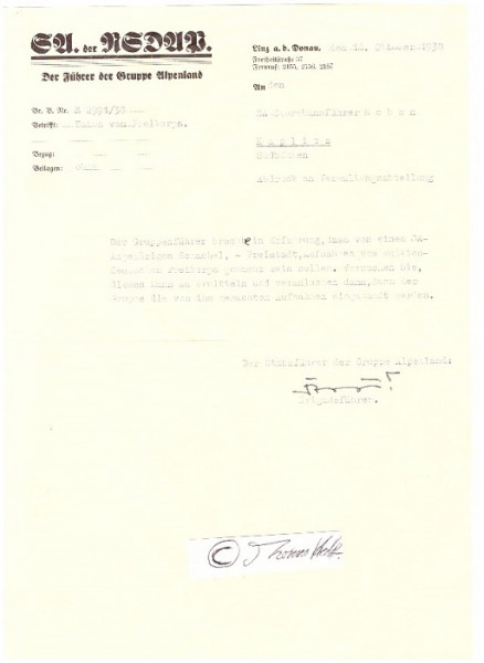 GUSTAV NOHEL (1896-1962) österreichisch-deutscher NS-Politiker, SA-Brigadeführer, 1938 stv. Führer SA-Gruppe Alpenland, Gaukolonialrat für den Reichsgau Oberdonau