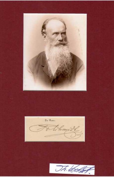 FRIEDRICH VON SCHMIDT (Friedrich Wilhelm Schmidt, 1825-91) 1886 Freiherr, Professor für Baukunst, deutsch-österreichischer Architekt der Ringstraßenzeit, der den neugotischen Stil etablierte. Er war Ehrenbürger der Stadt Wien und durfte sich ab 22. Jänner 1886 Friedrich Freiherr von Schmidt nennen. Der Platz hinter einem seiner Hauptwerke, dem Wiener Rathaus, wurde ihm zu Ehren 1927 Friedrich-Schmidt-Platz benannt; dort befindet sich auch sein Denkmal, das von Edmund Hofmann von Aspernburg und Julius Deininger geschaffen und am 28. Mai 1896 enthüllt wurde