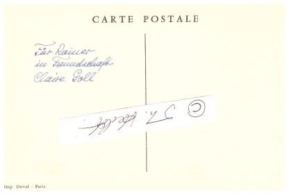 CLAIRE GOLL (1890-1977) deutsch-französische Schriftstellerin und Journalistin und die Ehefrau des Dichters Yvan Goll, Ende 1918 hatte sie eine Affäre mit Rainer Maria Rilke, mit Yvan Goll ging sie 1919 nach Paris, wo beide 1921 heirateten. Die gemeinsame Wohnung diente als Treffpunkt künstlerischen Lebens; dort verkehrten unter anderem Chagall, Léger, Delaunay, Picasso, Jawlensky, Braque, Joyce, Audiberti, Malraux, Breton und Gide.