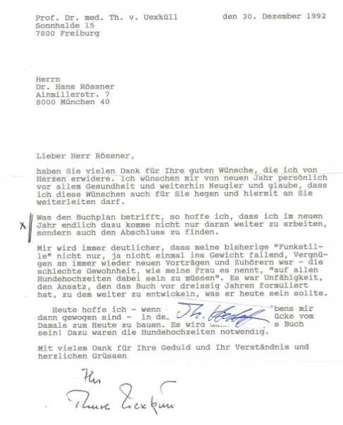 THURE VON UEXKÜLL (1908-2004) Professor Dr.med., deutscher Mediziner, Mitbegründer der psychosomatischen Medizin und einflussreicher Vertreter der Biosemiotik; Sohn des Biologen und Philosophen Jakob Johann von Uexküll (1864–1944) und dessen Frau Gudrun, geb. Gräfin von Schwerin (1878–1969), in Heidelberg geboren. Sein Vater gilt als ein Wegbereiter der biologischen Ökologie.