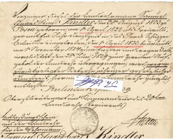 VON HATTLE (KATTLE, KLATTE ?) Oberstlieutmant und Kommandeur des 20. LANDWEHR-REGIMENTS, BERLIN 1839
