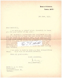 HON. SECRETARY (D. Henry ?) of WINSTON S. CHURCHILL