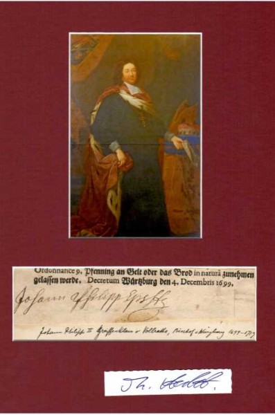 JOHANN PHILIPP VON GREIFFENCLAU ZU VOLLRATHS (auch Greiffenclau-Vollraths oder Greiffenclau-Vollrads , 1652-1719) vom 9. Februar 1699 bis zu seinem Tod als Johann Philipp II. Fürstbischof von Würzburg und damit auch Herzog in Franken. Während seiner Zeit als Fürstbischof sowie Kunstmäzen (als Bauherr bzw. Impulsgeber), bezeichnet als „Greiffenclau-Zeit“, entfaltete sich eine rege Bautätigkeit in Würzburg.