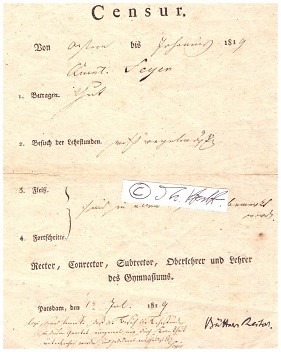 JOHANN SAMUEL BÜTTNER ( ? - 1839) Rektor 1794-1824 des humanistischen Gymnasiuum Potsdam, später Helmholtz-Gymnasium