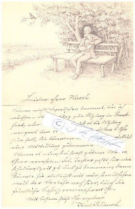 KARL KLIMSCH (1867-1936) deutscher Kunstmaler und Grafiker, Professor an der Schule Reimann in Berlin. 1896 entwarf er das Logo der Schultheiss-Brauerei. Er entstammte der Frankfurter Künstler- und Unternehmerfamilie Klimsch und war der älteste Sohn des Künstlers Eugen Johann Georg Klimsch und Anna Helena Burkhard, seine Brüder waren der Maler Paul Klimsch und der Bildhauer Fritz Klimsch.