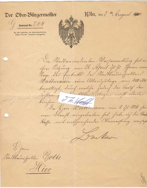 WILHELM VON BECKER (Friedrich Wilhelm Bernard Becker, ab 1911 von Becker, 1835-1924) deutscher Politiker. Becker wurde bekannt als Bürgermeister der Städte Dortmund (1875/76), Düsseldorf (1876–1886) und Köln (1886–1907), genannt DER SCHWARZE BECKER