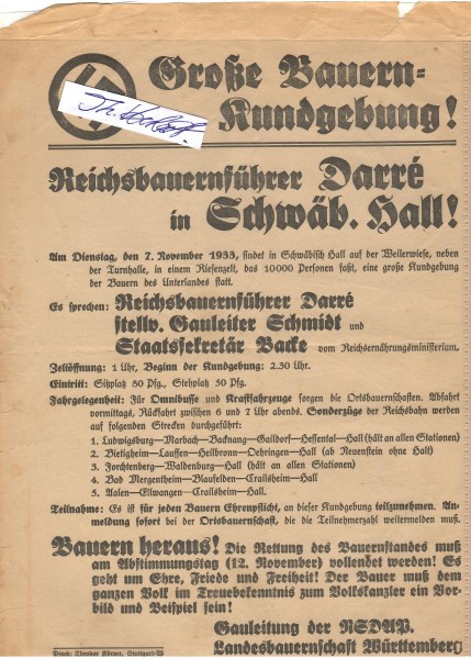 WALTHER DARRE (1895-1953) deutscher Reichsbauernführer und von 1933 bis 1942 Reichsernährungsminister (Reichsminister für Ernährung und Landwirtschaft) u.a.