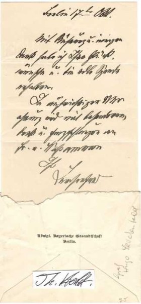 HUGO VON LERCHENFELD (-Köfering, 1843-1925) Graf, Bayerischer Staatsrat, außerordentlicher Gesandter und Bevollmächtigter Minister des Königs von Bayern am preußischen Hof und Bevollmächtigter zum Bundesrat