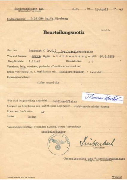 HANNS TRÜBENBACH (Daten unbekannt) deutscher Jagdflieger / Oberstleutnant und Geschwaderkommodore/Jagdgeschwader 104 / commanding officer of JG 104