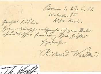RICHARD WERTH (1850-1918) Professor Dr.med, deutscher Gynäkologe. Er war ordentlicher Professor und half als Geburtshelfer bei der Geburt des kaiserlichen Prinzen Heinrich. Er war Vorbild des Professor Gervasius in dem Roman Nur wer die Sehnsucht kennt von Ida Boy-Ed. Erfinder der Etagennaht (auch Schichtnaht) auf einem Kieler Fechtboden (März 1878), prägte den Begriff des Tubarabortes / german gynecologist, obstetrician