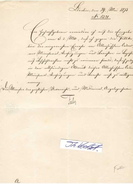 ADALBERT FALK (1827-1900) preußischer Kultusminister und Präsident des Oberlandesgerichts Hamm, er überarbeitete das Allgemeine Landrecht für die preußischen Staaten (Fünfmännerbuch), er lehnte es ab in den Adelsstand erhoben zu werden, 1872 übernahm er das Kultusministerium. Seine Amtszeit war durch den Kulturkampf geprägt Er ermöglichte und stärkte die Trennung von Staat und Kirche.