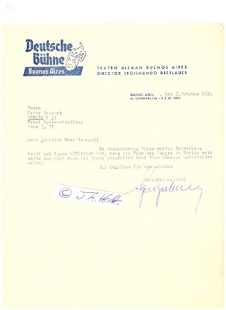 SIEGMUND BRESLAUER / SEGISMUNDO BRESLAUER Direktor der Deutsche Bühne in Buenos Aires / Teatro Aleman Buenos Aires