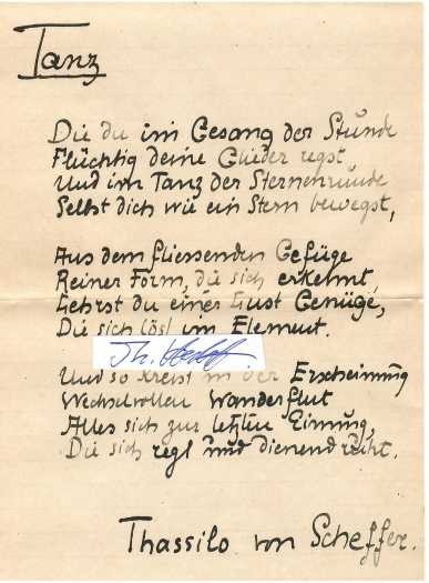 THASSILO VON SCHEFFER (1873-1951) deutscher Dichter, der insbesondere durch seine Übersetzungen antiker griechischer Dichtung (u. a. Homers) bekannt geworden ist. Er studierte an den Universitäten in Straßburg, Königsberg und Freiburg i. Br. und wurde 1900 zum Dr. phil. promoviert. Danach lebte er als freier Schriftsteller in München, Berlin und Rom.