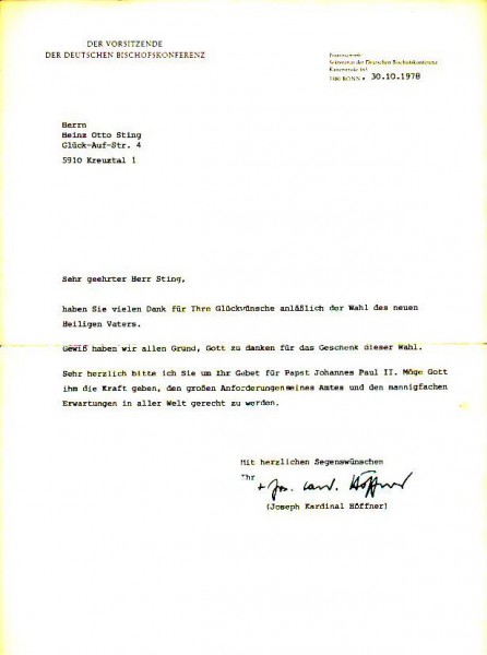 Joseph Kardinal Höffner (Joseph Höffner,1906-87) Erzbischof von Köln / Vorsitzender der Deutschen Bischofskonferenz