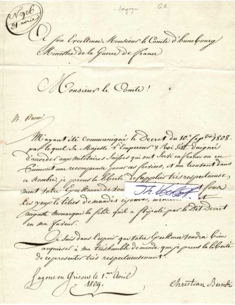 CHRISTIAN BUNDI (geb. 1778 in Sagogn – gest. nach 1835) Herkunft: Sagogn (Surselva, Graubünden) schweizer Amtmann, Militär