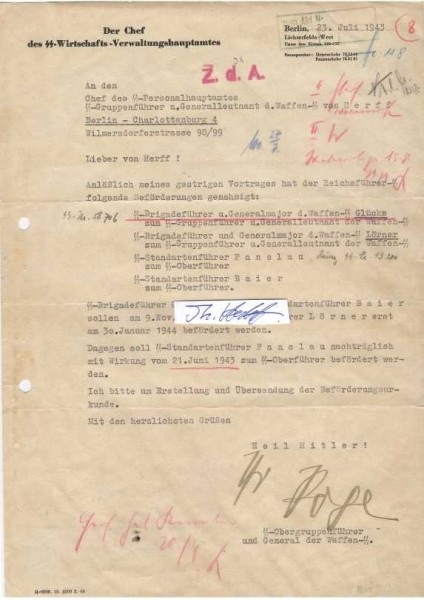OSWALD POHL (1892-1951 in Landsberg als Kriegsverbrecher hingerichtet) deutscher SS-Obergruppenführer und General der Waffen-SS. Pohl war als Leiter des SS-Wirtschafts-Verwaltungshauptamtes (WVHA) maßgeblich an der Durchführung des Holocaust beteiligt.