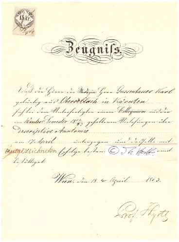 JOSEPH HYRTL (1810-94) Professor Dr.med., österreichischer Anatom, Rektor der Universität Wien