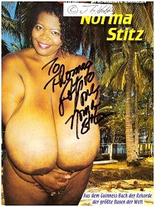 NORMA STITZ (1956) US-amerikanischer Pornostar, als größter Busen der Welt (enormous tits) im Guiness-Buch der Rekorde