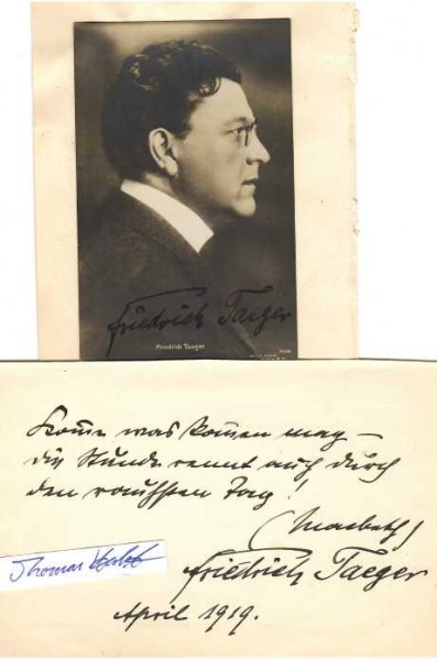 FRIEDRICH TAEGER (1866-1939) deutscher Theaterschauspieler mit einigen Stummfilmen bis 20´er Jahre. 1922 überantwortete Henrik Galeen ihm die Hauptrolle des Schiffseigners Ullrich in dem Schiffsdrama Stadt in Sicht, gleich im Anschluss daran übernahm Taeger die Rolle des Bürgermeisters Overdieck in Gerhard Lamprechts Buddenbrooks-Verfilmung von 1923.