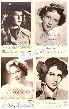 JEANETTE SCHULTZE (auch Jeannette Schultze, 1931-72) deutsche Filmschauspielerin, mit dem Schauspielerkollegen Albert Hehn verheiratet, u.a. 1949: Die Brücke und Titelrolle in dem Melodram Martina[, 1951: Die Csardasfürstin (Regie: Georg Jacoby) und Professor Nachtfalter