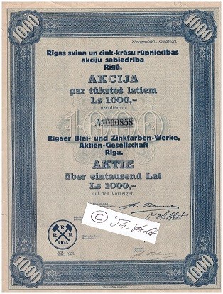 ORIGINAL-AKTIE Rußland - Rigaer Blei- und Zinkfarben-Werke AG. Limited stock certificate 1930's, 1000 SHARES