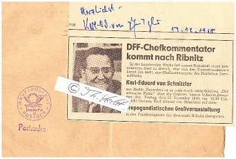 KARL-EDUARD VON SCHNITZLER (1918-2001) deutscher Journalist, im Zweiten Weltkrieg Strafbataillon 999, als Chefkommentator des DDR-Fernsehens sowie Autor und Moderator der politisch-agitatorischen Fernsehsendung Der schwarze Kanal war er unter der Bevölkerung der DDR als SUDEL-EDE berüchtigt