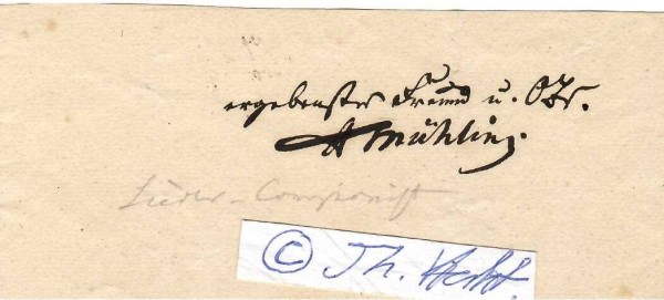 AUGUST MÜHLING (1786-1847) deutscher Violinist und Organist, Dirigent und Komponist. Er schrieb Kompositionen in fast allen Musikgattungen (die Oper ausgenommen), von denen seine Oratorien für die Magdeburger Musikfeste besonders populär waren, und gab einen musikalischen Almanach unter dem Titel Museum für Pianoforte, Musik und Gesang heraus, dessen erster Jahrgang 1828 in Halberstadt bei Brüggemann erschien. Im Jahr 1842 veröffentlichte er ein Choralbuch, in welchem die gebräuchlichsten Choralmelodien, sowohl mit Rücksicht auf Orgel- und Clavierspiel, als auch auf Chorgesang vierstimmig bearbeitet, wie auch mit Bezifferung und einfachen Zwischenspielen versehen sind. Sein heute bekanntestes Werk ist der Kanon Froh zu sein bedarf es wenig. (WIKI)