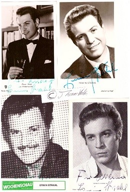 ERWIN STRAHL (1929-2011) österreichischer Schauspieler, zunächst mit der Schauspielerin Franca Parisi verheiratet, dann mit Waltraut Haas; In dem Ludwig-Ganghofer-Film Der Jäger von Fall (1957) war er als Wilderer zu sehen, in der Edgar-Wallace-Verfilmung Der Frosch mit der Maske (1959) spielte er einen Polizisten, in Radetzkymarsch (1965) sah man ihn als arroganten Rittmeister Graf Tattenbach