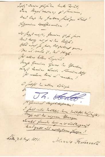 JOHANNES FASTENRATH (1839-1908) deutscher Jurist, Schriftsteller und Übersetzer, Dr. jur. utr. , Großherzoglich Sächsischer Hofrat, 1868: Ehrenbürgerwürde der Stadt Sevilla, 1869 Ritterkreuz der spanischen Krone, 1870 Großkreuz des Ordens Karls III. der spanischen Krone. 1893 wurde die Literarische Gesellschaft Köln e. V. im Kölner Gürzenich gegründet. Zum ersten Vorsitzenden wurde Fastenrath gewählt, er behielt das Amt bis zu seinem Tod.